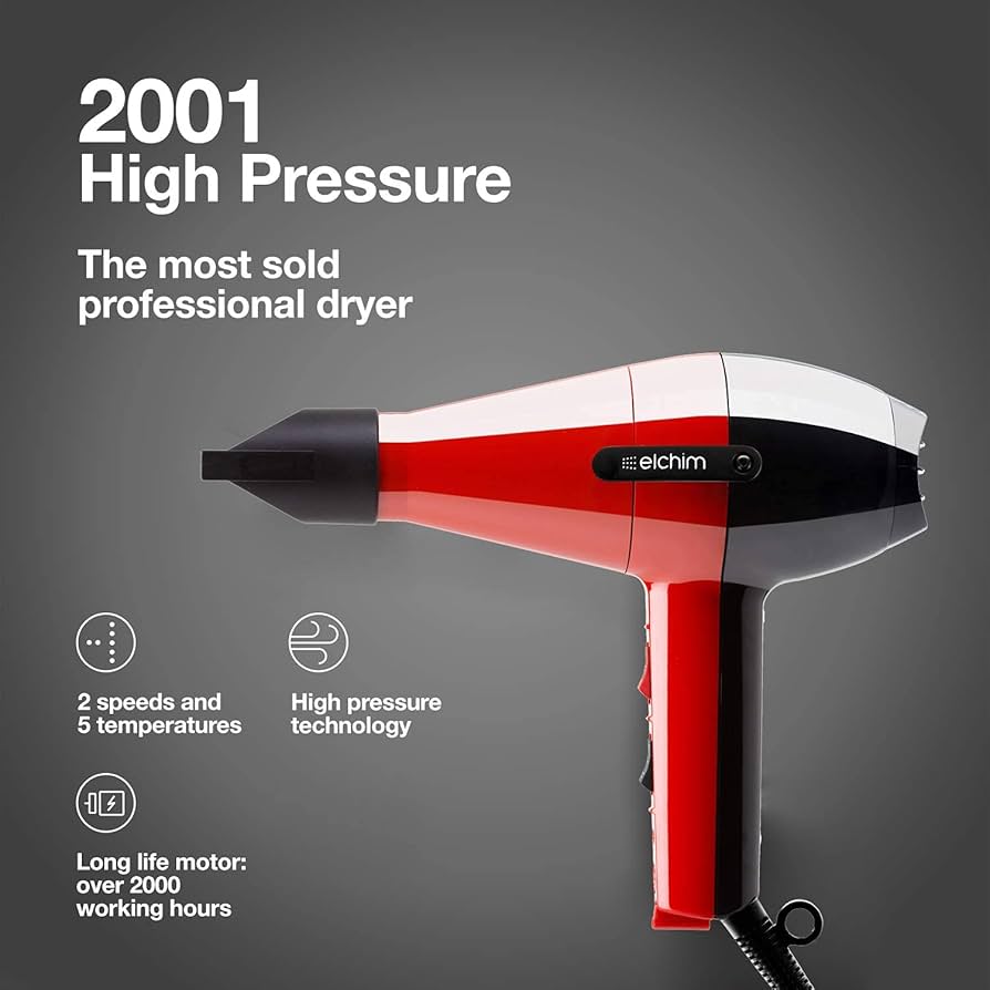 الكيم مجفف شعر احترافي عالي الضغط 2001 - احمر/اسود، Elchim Classic 2001 Professional Hair Dryer - الصورة 3